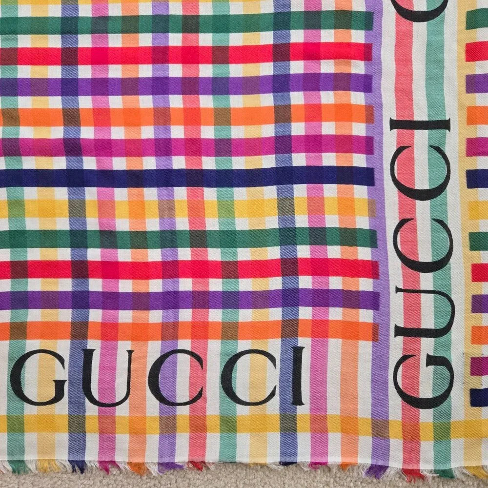 Gucci Multicolor Stripe Check Wool Shawl/Scarf - Picture 10 of 16